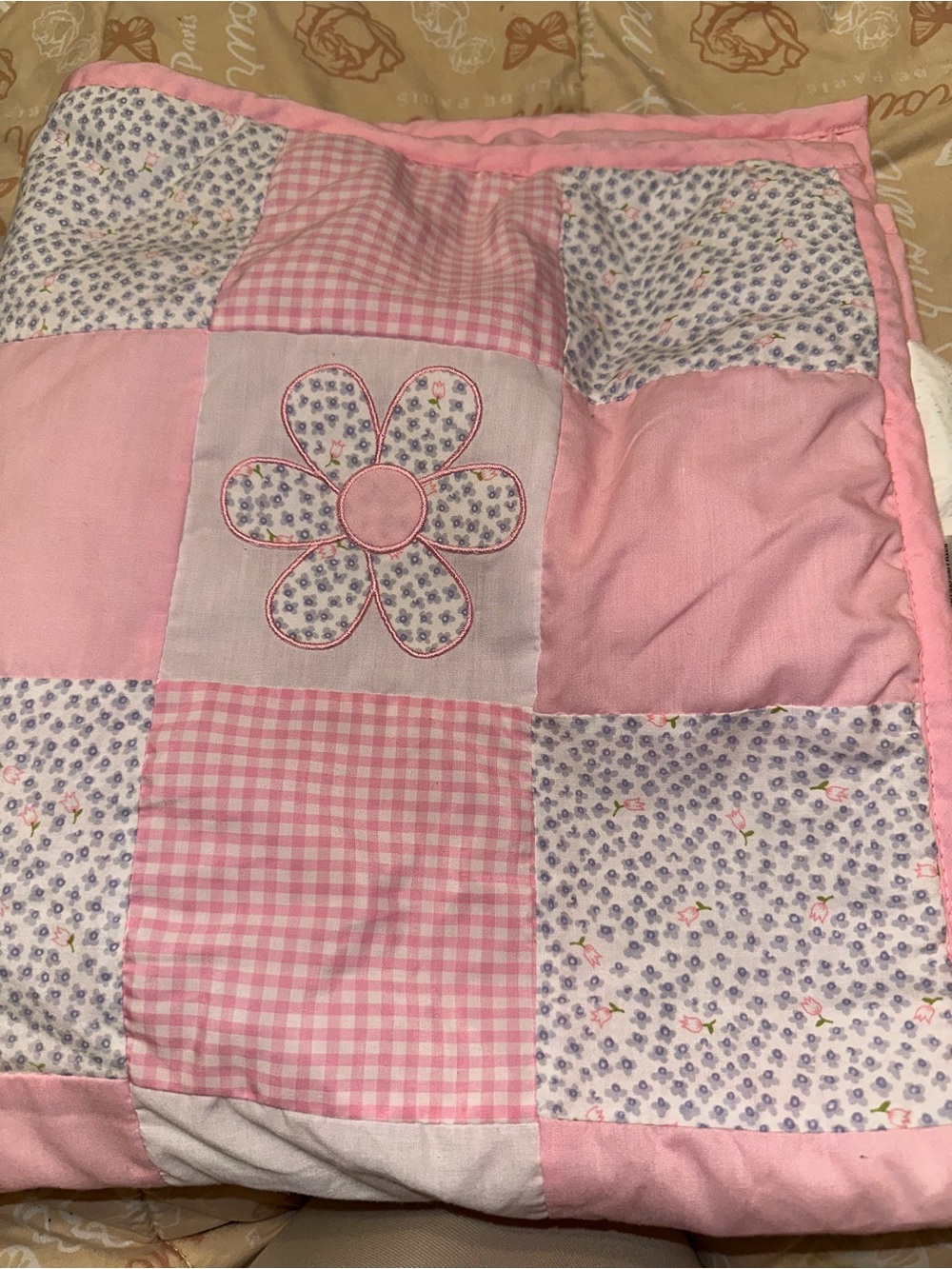 Pink Floral Patchwork Baby Quilt - Soft Cotton Nursery Blanket